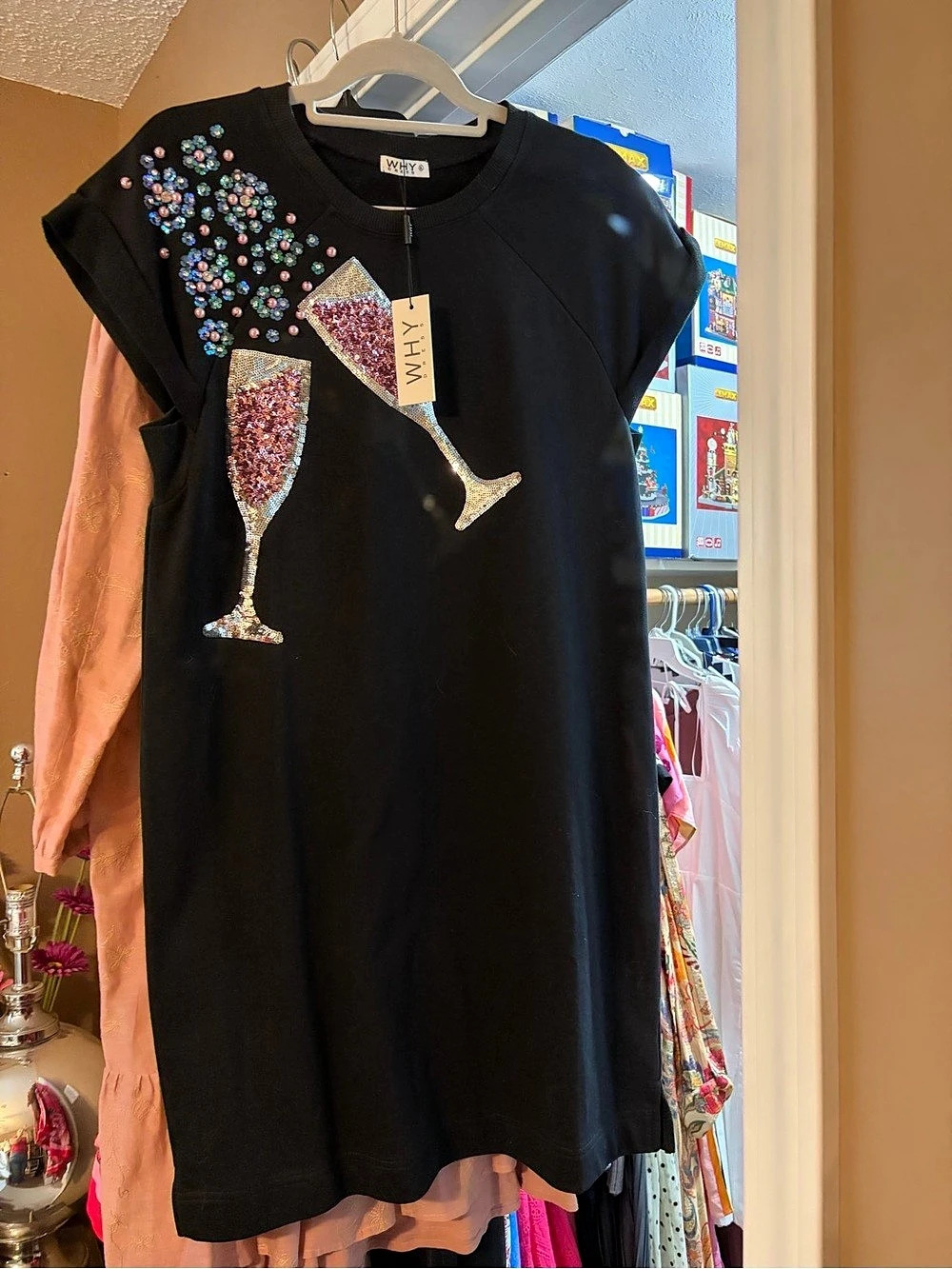 WHY? Sequin Champagne Glass Mini Dress in Black XL NWT
